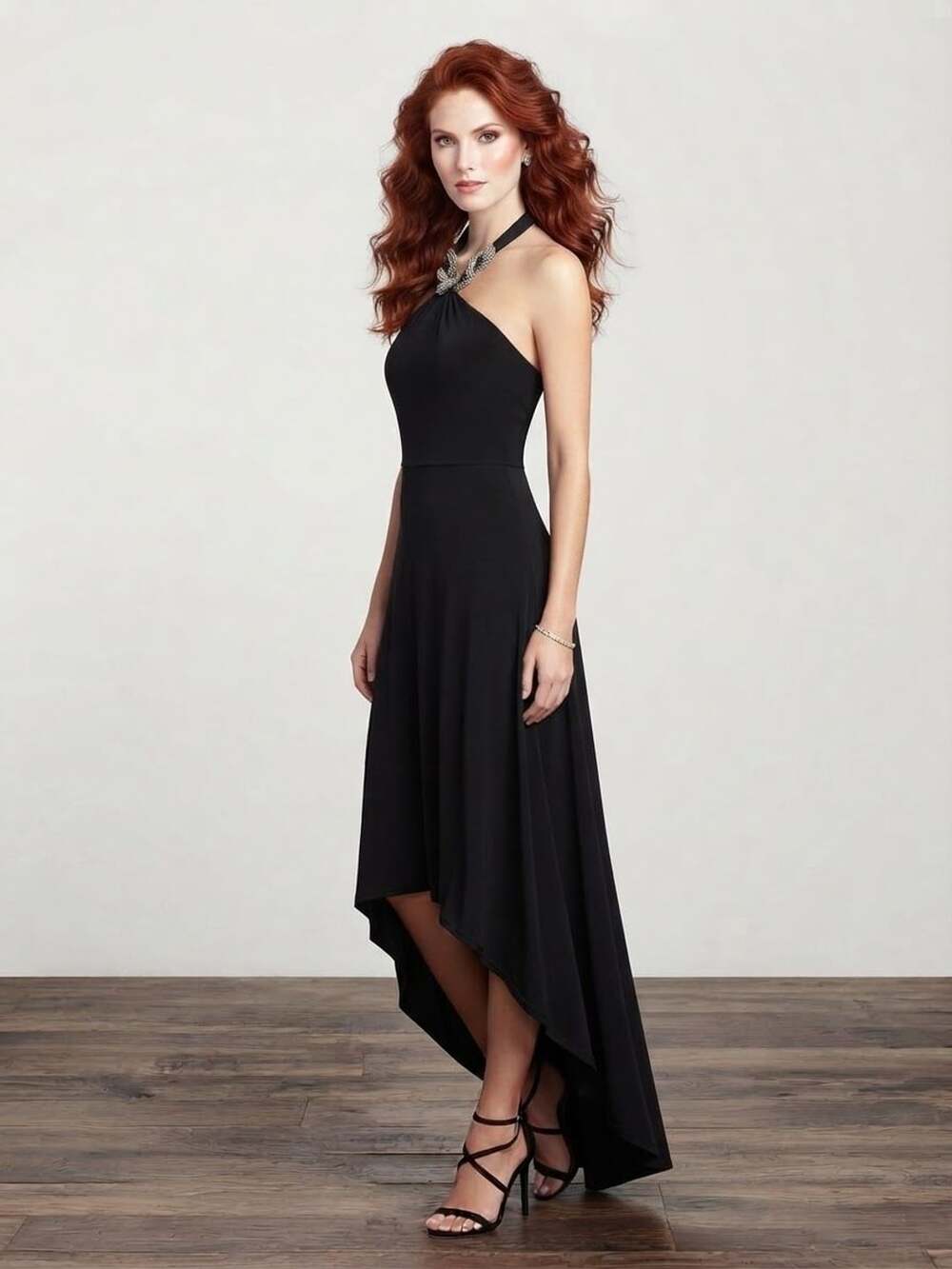 Caché Black Halter High Low Cocktail Dress Size XS Rayon Spandex Chain Detail